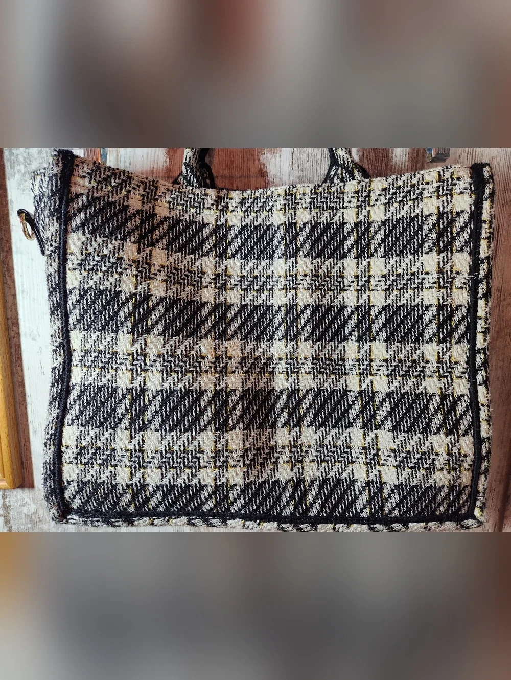 Black, Cream & Yellow Tweed Plaid Check Work Office Tote With Smiley Face